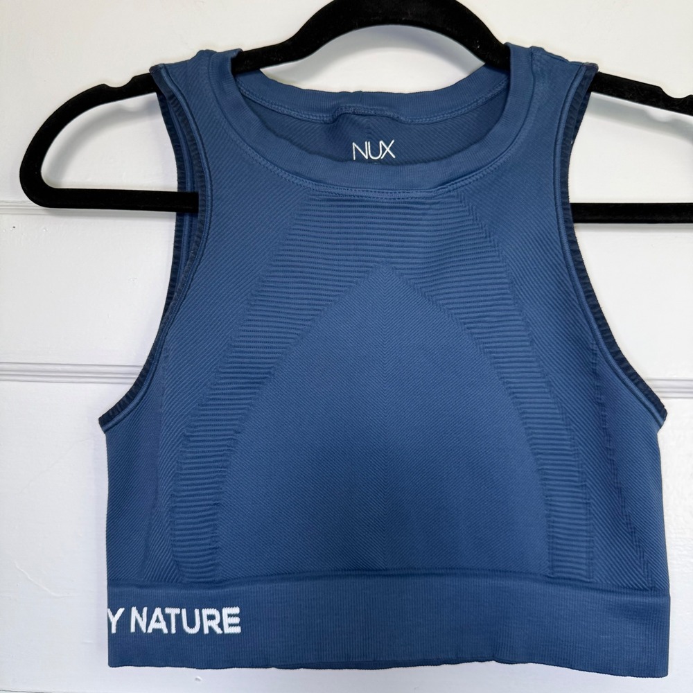 NUX Pilates By Nature Seamless Crop Top Slate Blue High Neck Tank Large